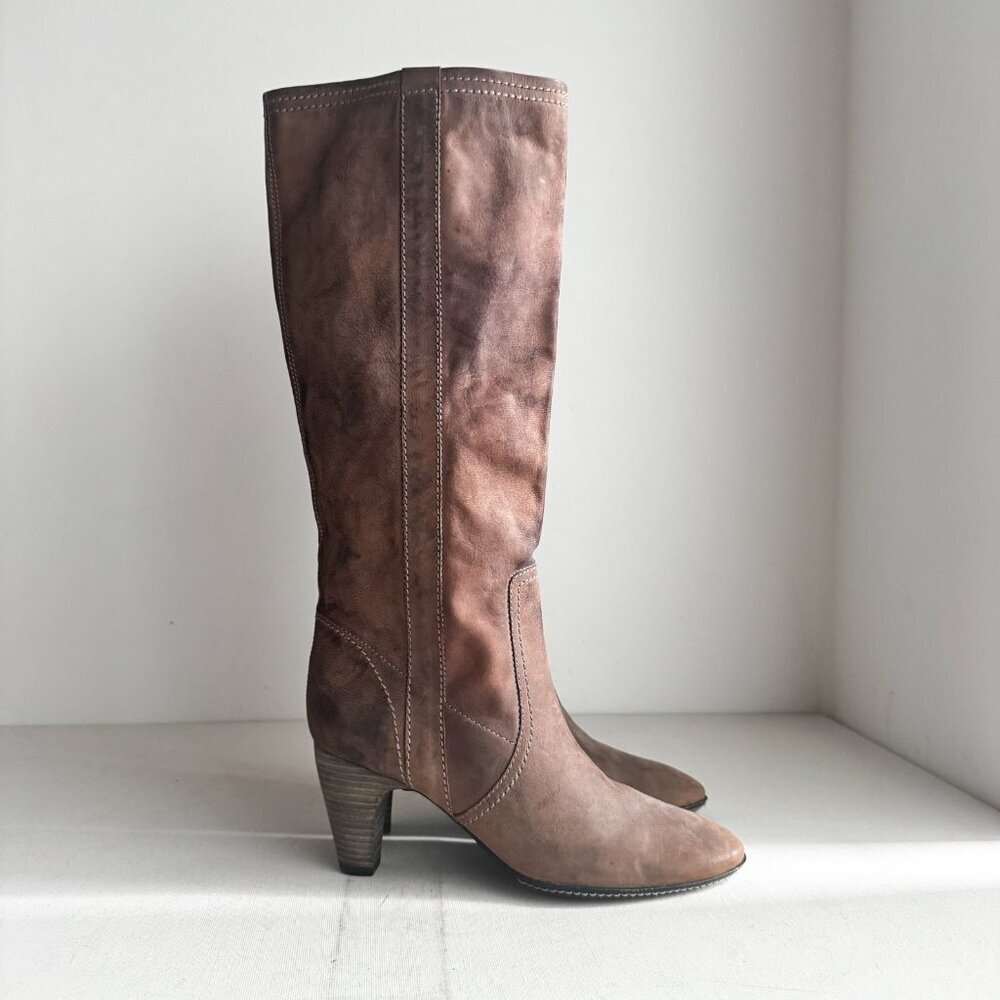 Boss Beige Knee High Heeled Leather Boots 37